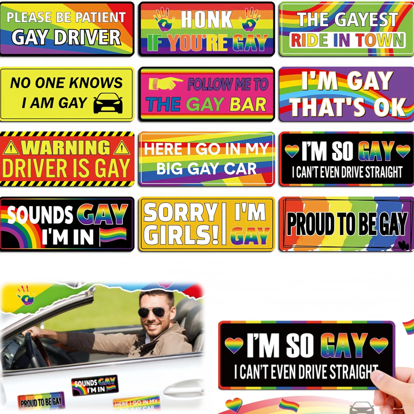 12PCS Rainbow Pride Magnetic Bumper Stickers, Funny LGBT Car Magnets