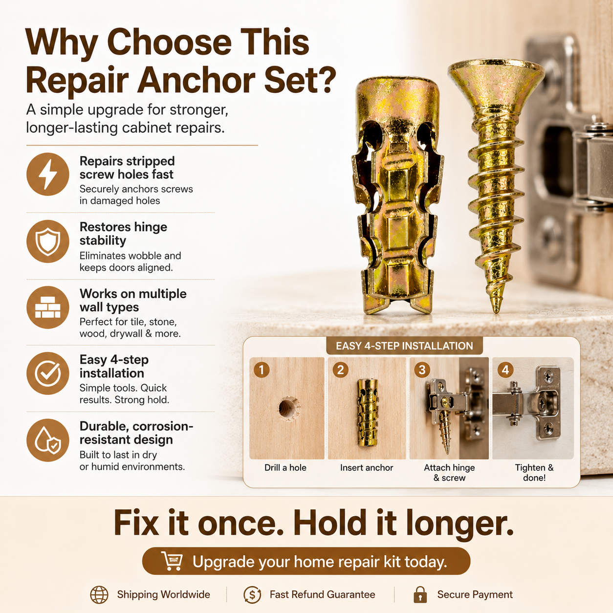 🔩 6×14mm Short Expansion Screw Set for Cabinet Hinge Repair & Stripped Thread Restoration