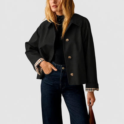 Women’s Cropped Trench Coat – Oversized Casual Jacket with Plaid Lining