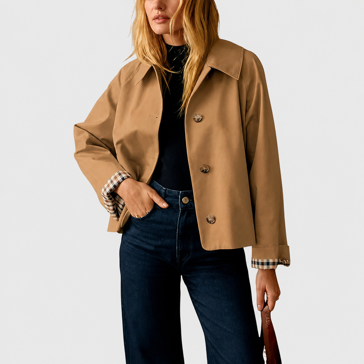 Women’s Cropped Trench Coat – Oversized Casual Jacket with Plaid Lining