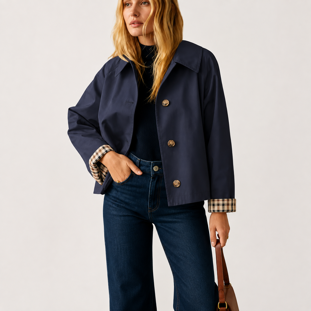 Women’s Cropped Trench Coat – Oversized Casual Jacket with Plaid Lining