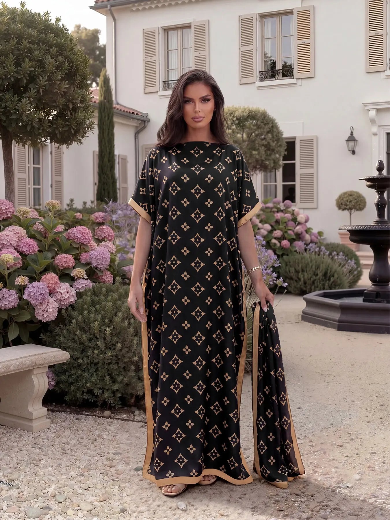 ✨ Women's Elegant Geometric Print Robe Set – Long Dress & Scarf Shawl, Satin Silk Beach Cover-Up 🌊