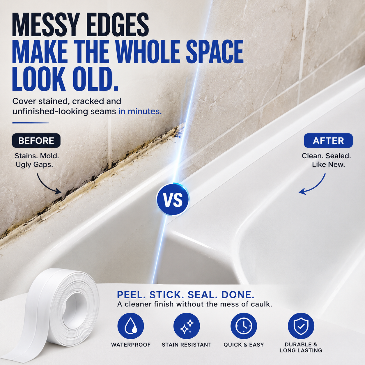 💧 Waterproof Peel & Stick Caulk Tape – Instant Bathroom & Kitchen Edge Refresh