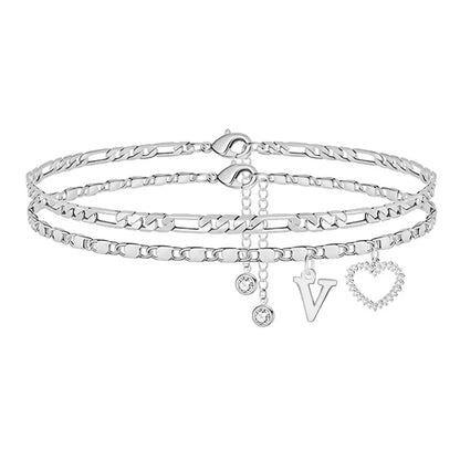 🎁Double-Layer 26-Letter Gold-Tone Chain Heart-Shaped Anklet with a heart-shaped pendant