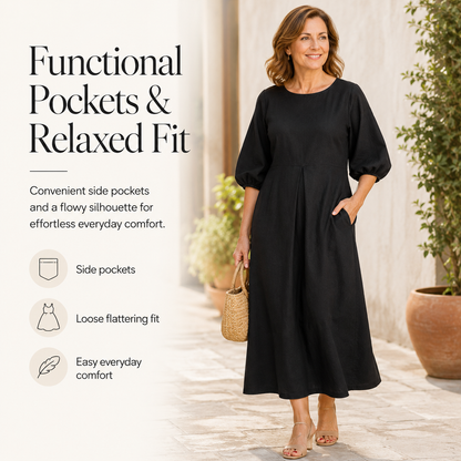 Women's Elegant Linen Maxi Dress | Relaxed Half Sleeve Summer Dress with Pockets, Soft Breathable Fabric for Everyday Casual Comfort & Timeless Style