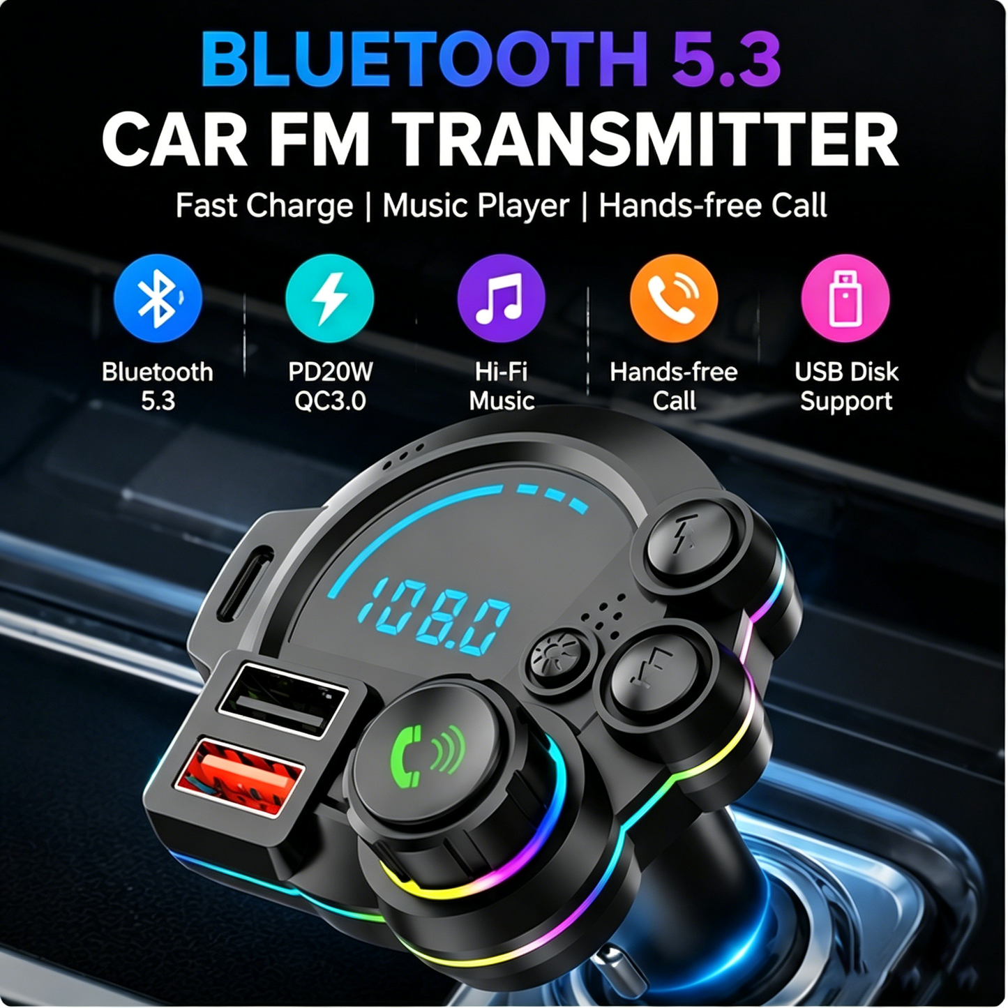 🚗⚡ DriveSync™ Bluetooth FM Transmitter | PD20W Fast Charging • Crystal-Clear Calls • Wireless Music