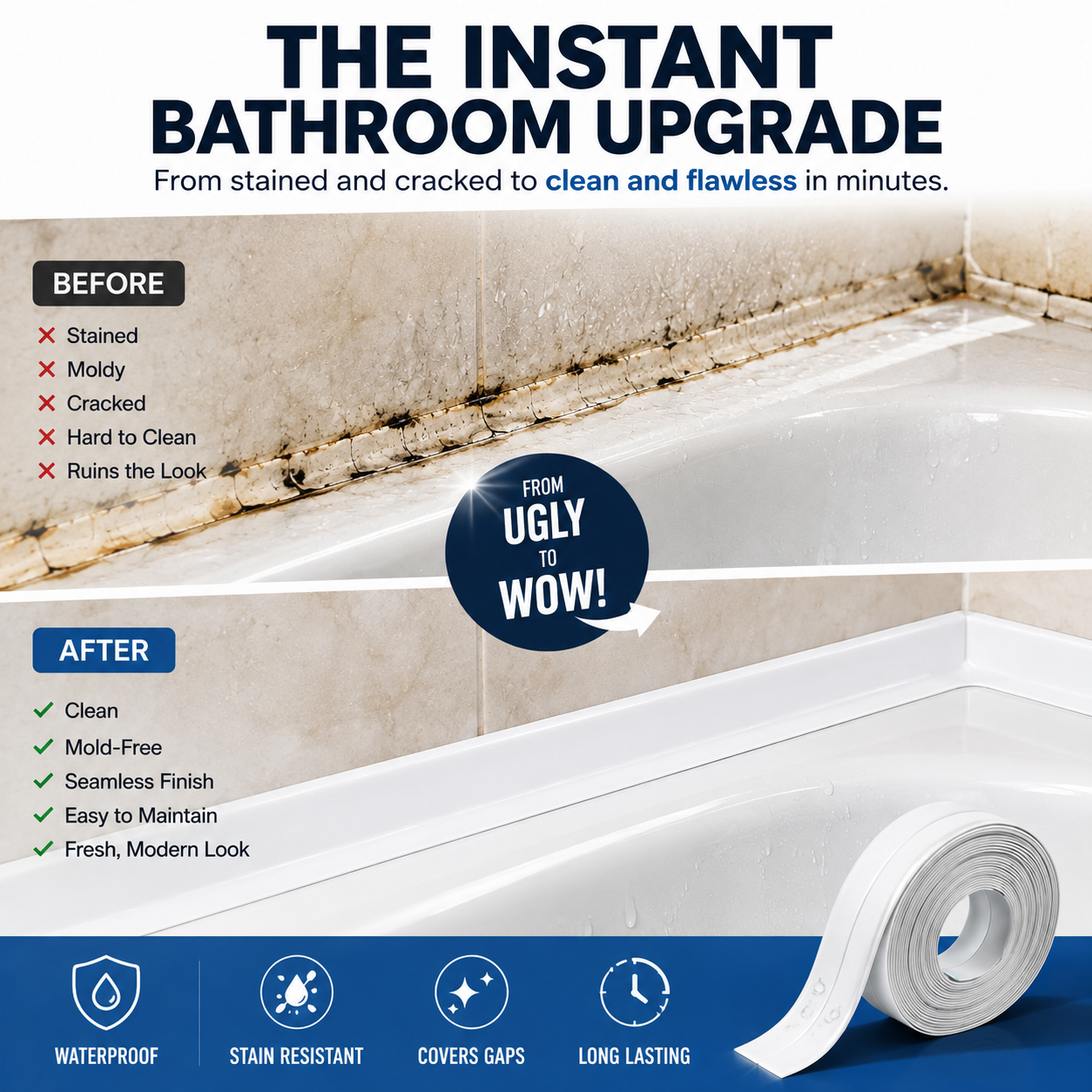 💧 Waterproof Peel & Stick Caulk Tape – Instant Bathroom & Kitchen Edge Refresh