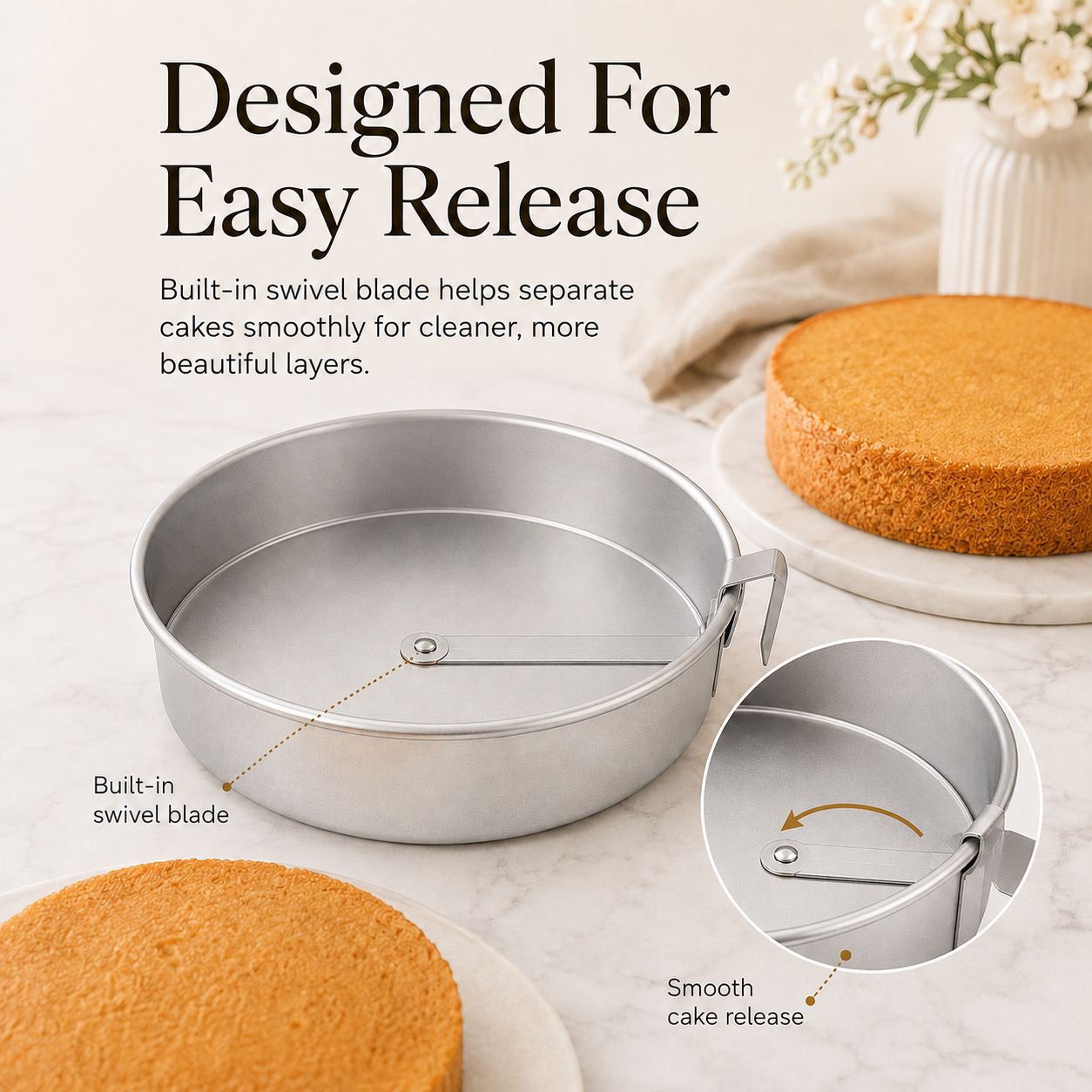 🎂 8-Inch Easy Release Cake Pan Set – 3-Piece Round Baking Pans with Built-In Swivel Blade