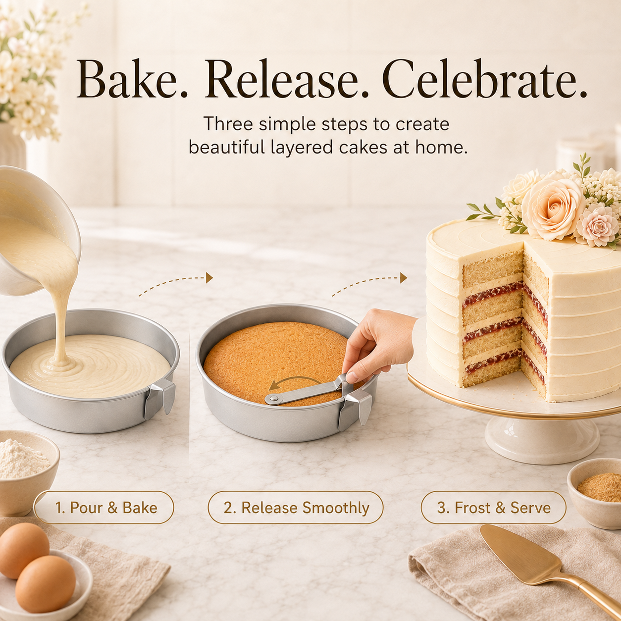 🎂 8-Inch Easy Release Cake Pan Set – 3-Piece Round Baking Pans with Built-In Swivel Blade