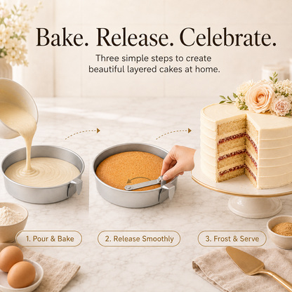 🎂 8-Inch Easy Release Cake Pan Set – 3-Piece Round Baking Pans with Built-In Swivel Blade