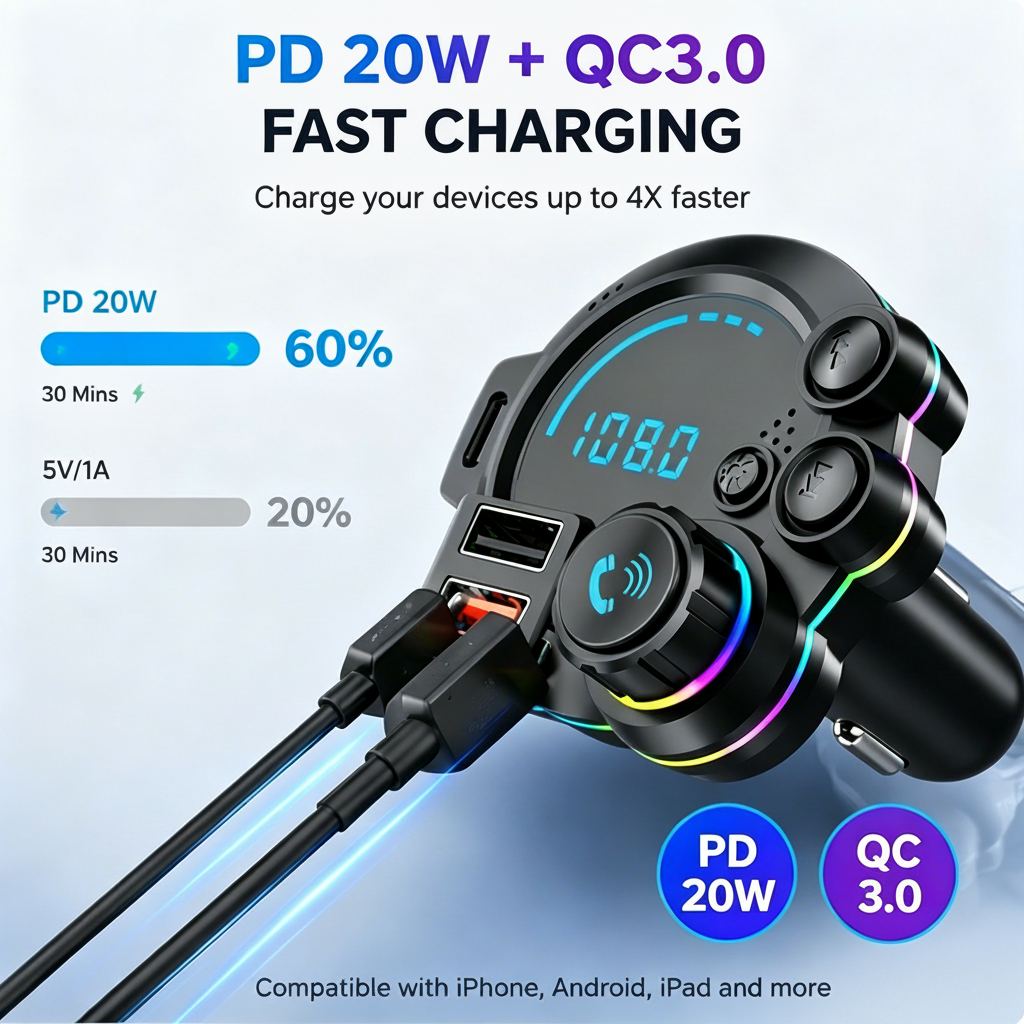 🚗⚡ DriveSync™ Bluetooth FM Transmitter | PD20W Fast Charging • Crystal-Clear Calls • Wireless Music