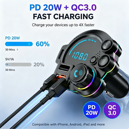 🚗⚡ DriveSync™ Bluetooth FM Transmitter | PD20W Fast Charging • Crystal-Clear Calls • Wireless Music