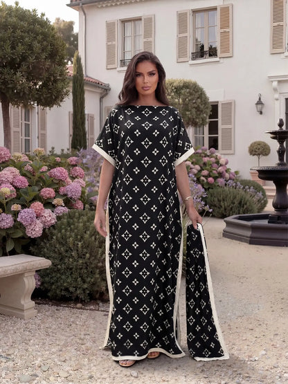 ✨ Women's Elegant Geometric Print Robe Set – Long Dress & Scarf Shawl, Satin Silk Beach Cover-Up 🌊