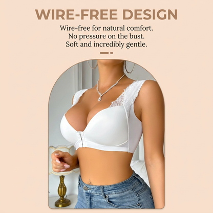 ☁️Big-size gathered front snap closure fixed cup lace bra-style bra