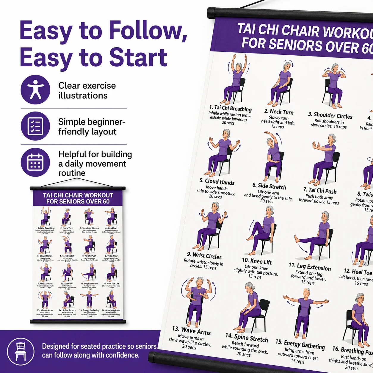 🔥LAST DAY 60% OFF🧘‍♀️☯Tai Chi Chair Workout Chart for Seniors (16 x 24 inches)