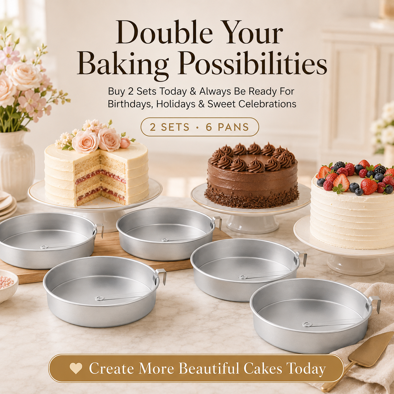 🎂 8-Inch Easy Release Cake Pan Set – 3-Piece Round Baking Pans with Built-In Swivel Blade
