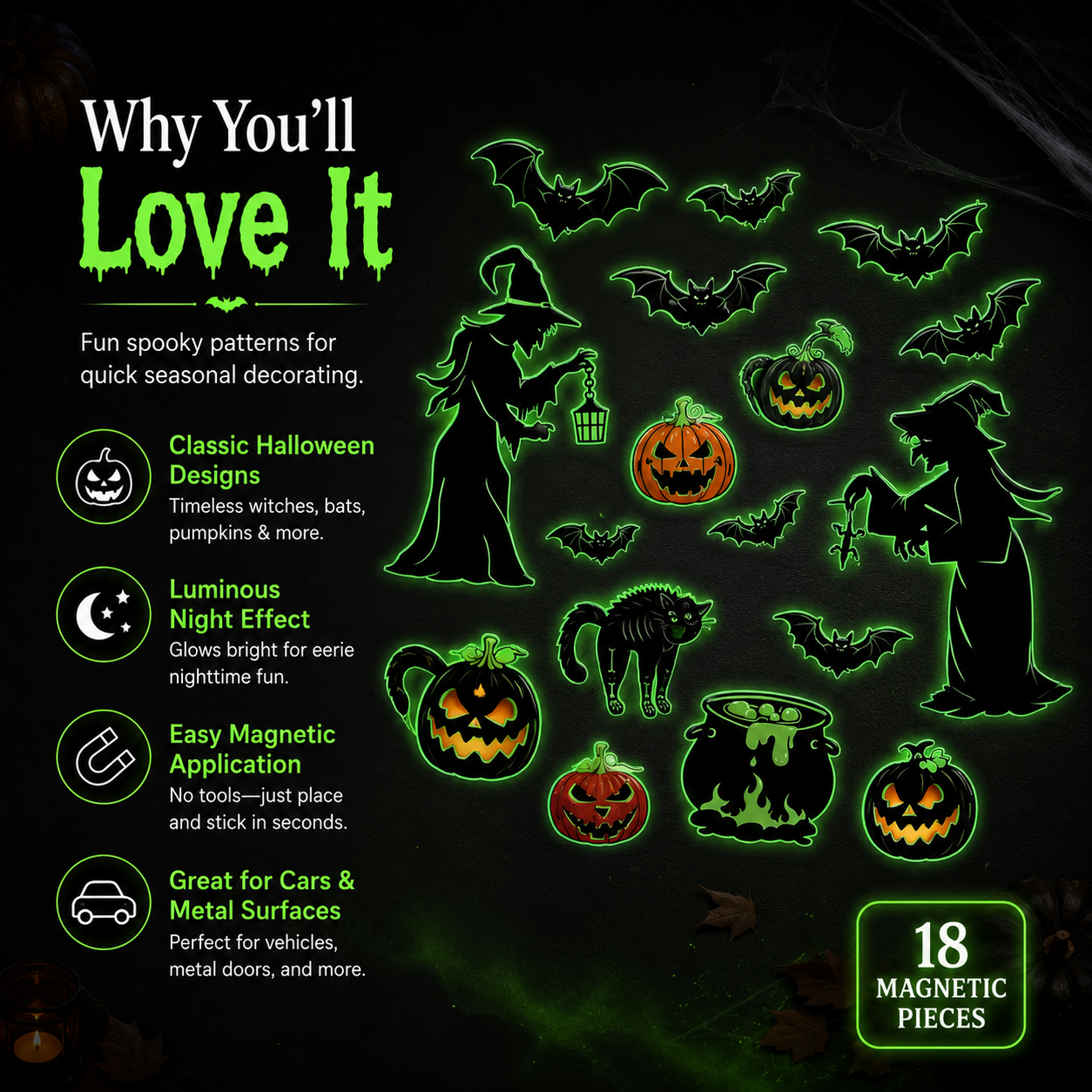 Halloween Magnets for Car & Fridge – 16-Pack Glow-in-the-Dark | Witches, Pumpkins, Bats