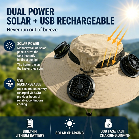 Dual Solar/USB Powered Fan Safari Hat