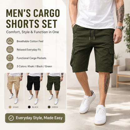 🔥🔥Customer Favorite Men's Shorts Set Khaki Black & Green Slanted Pockets