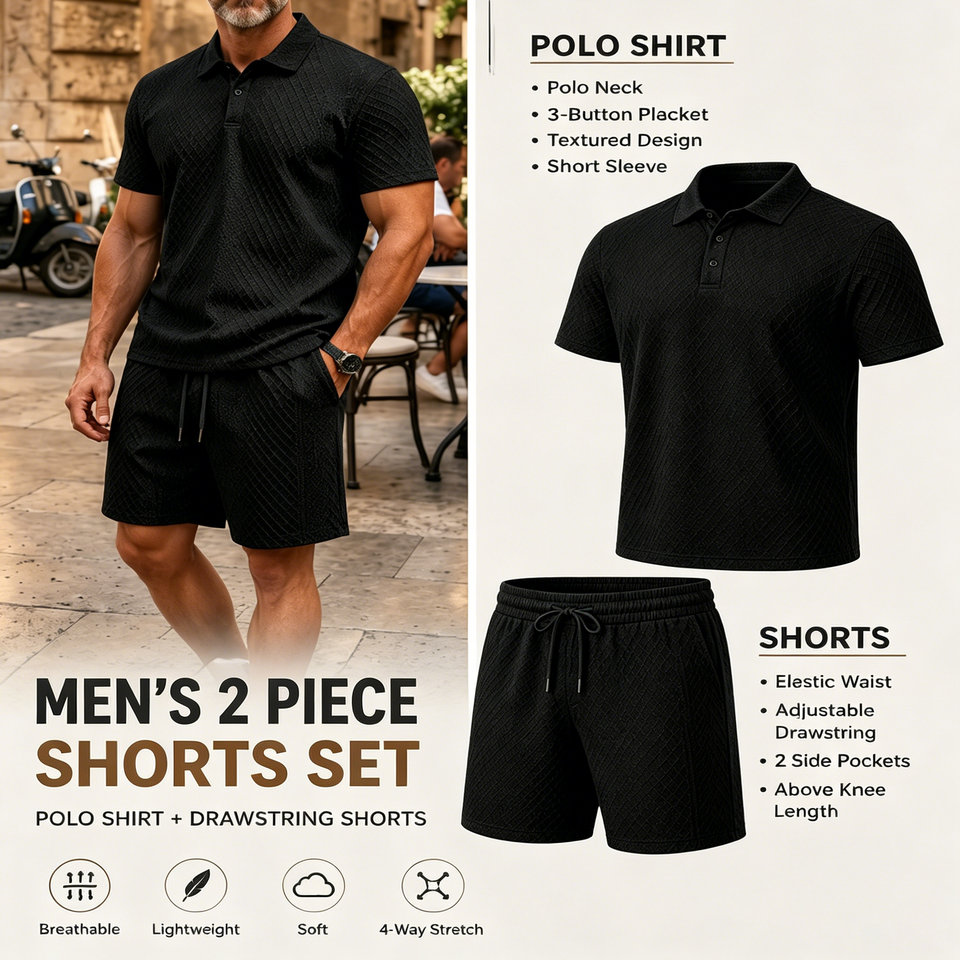 🔥Men's 2 Pieces Casual Polo Shirt and Shorts Set