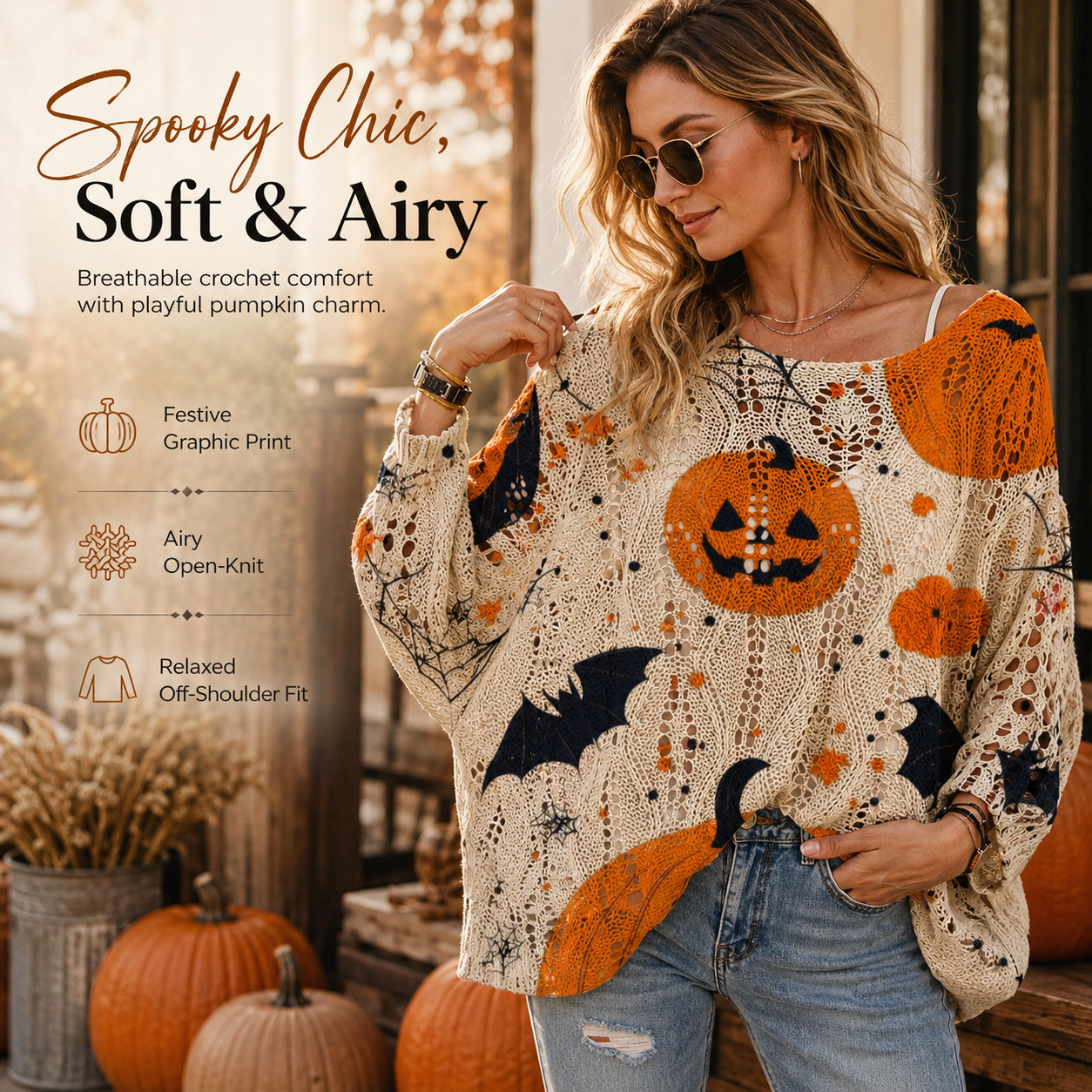 🎃 Women’s Pumpkin & Bat Crochet Knit Top – Festive Off-Shoulder Fall Style 🍂