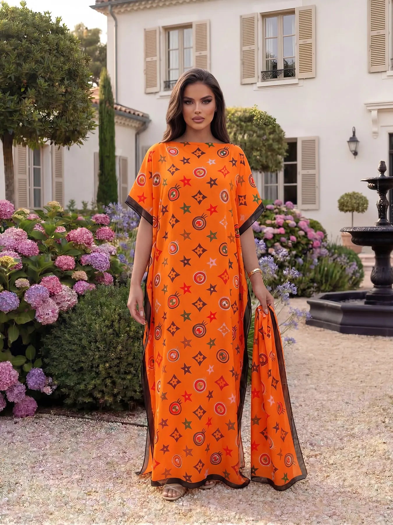 ✨ Women's Elegant Geometric Print Robe Set – Long Dress & Scarf Shawl, Satin Silk Beach Cover-Up 🌊