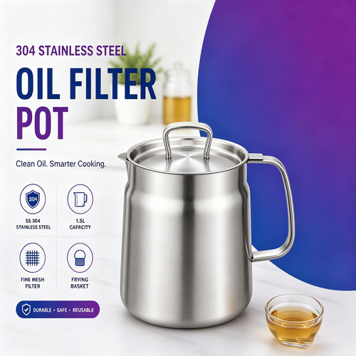304 Stainless Steel Oil Filter Pot with Fine Mesh Filter & Frying Basket – 1.5L