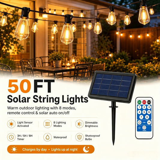 🌞 50FT Solar String Lights – IR Remote, 8 Modes, Dusk-to-Dawn, Waterproof & Shatterproof for Patio Decor