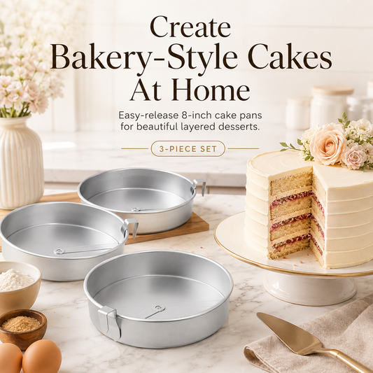 🎂 8-Inch Easy Release Cake Pan Set – 3-Piece Round Baking Pans with Built-In Swivel Blade