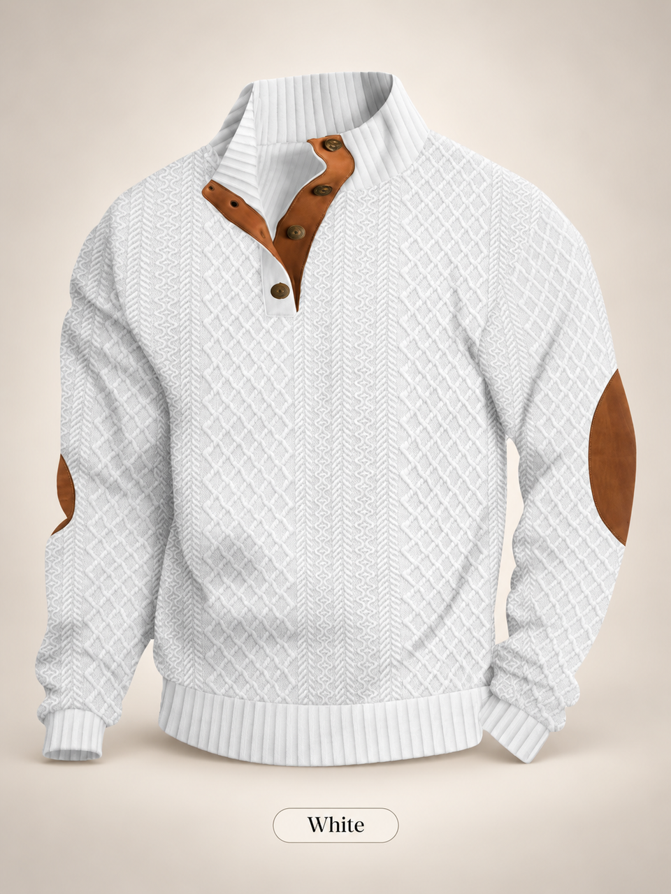 Men's Jacquard Knit Pullover Sweater – Stand Collar, 280gsm Diamond Weave, Elbow Patch, Micro-Stretch Long Sleeve