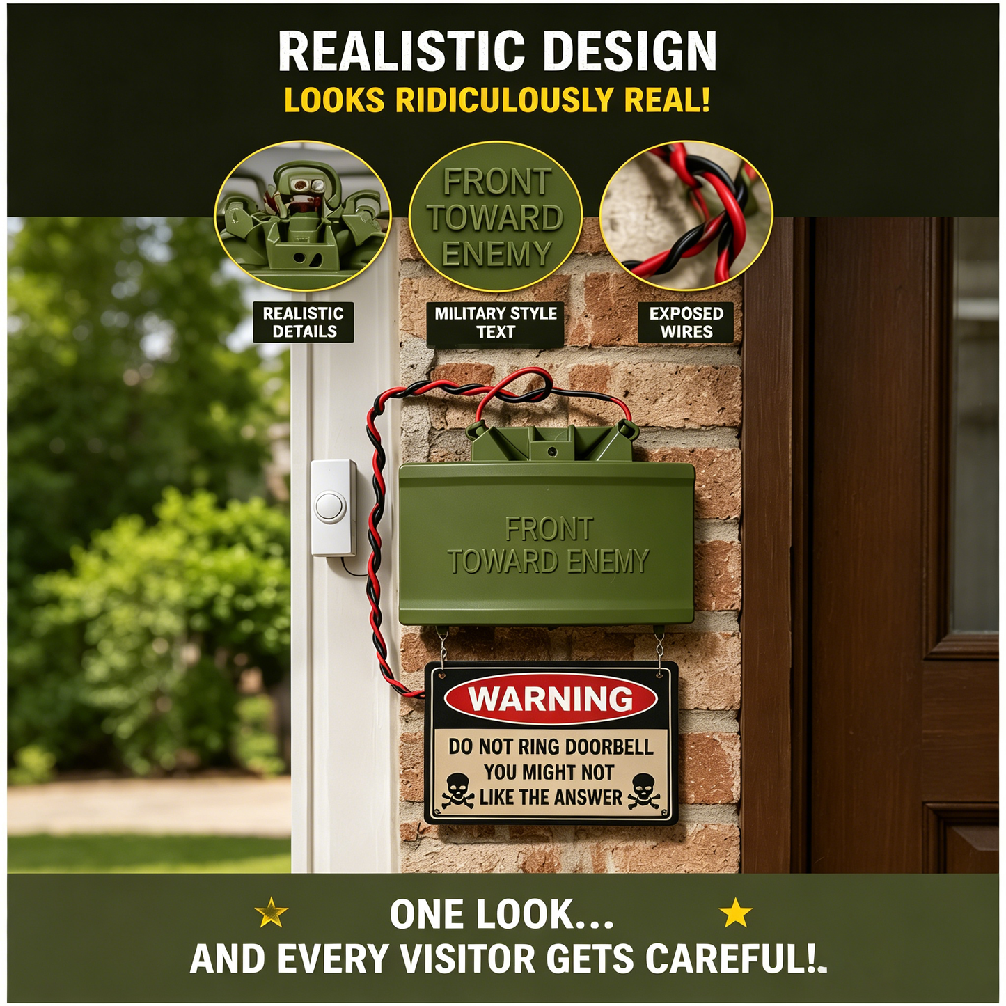 😈 Fake Mine Doorbell Prank Sign – Funny “Front Toward Enemy” No Soliciting Doorbell Cover for Home Entryway & Delivery Driver Reactions
