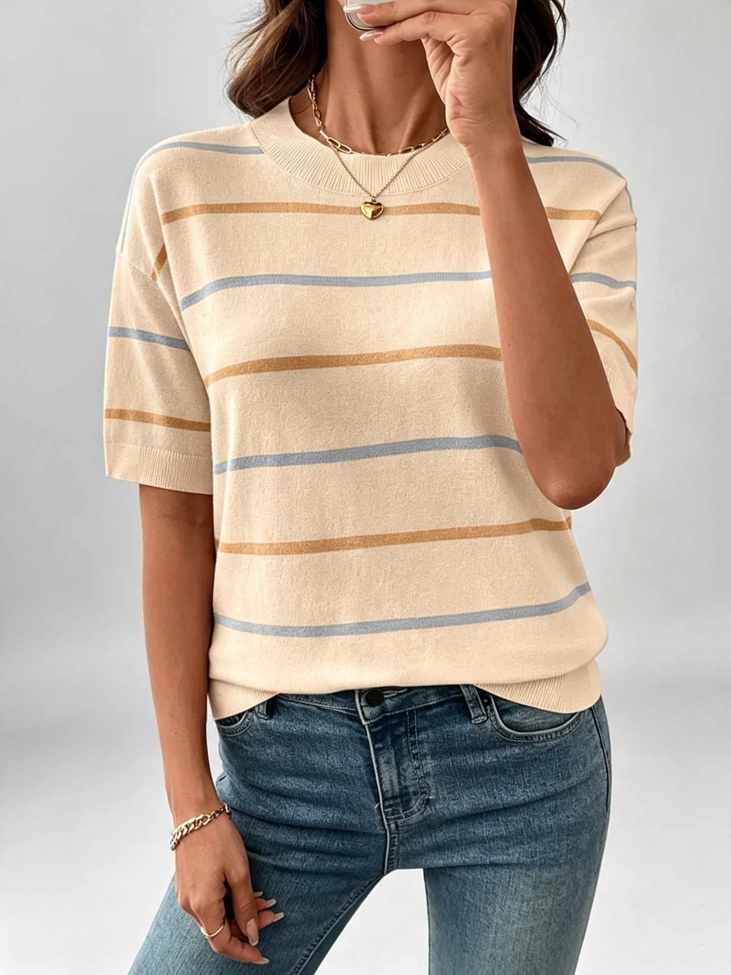 🔥Women's Striped Knit Round Neck Shortsleeve Baggy Pullover