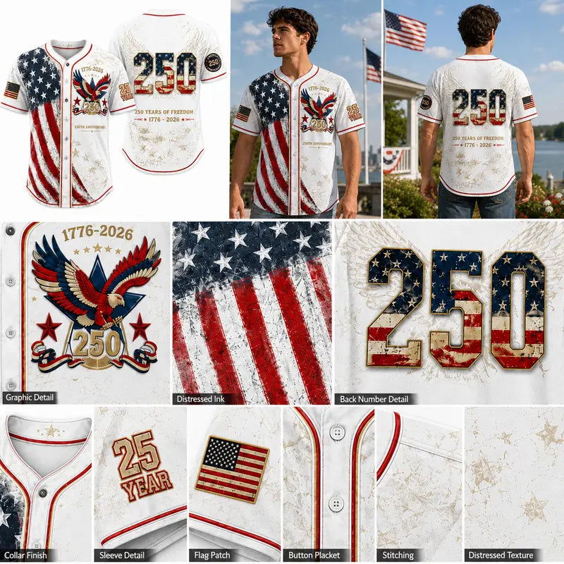 🦅⚾Men's USA 250th Anniversary Baseball Jersey Patriotic American Flag Eagle Button Down Shirt 1776-2026