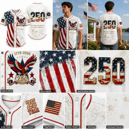 🦅⚾Men's USA 250th Anniversary Baseball Jersey Patriotic American Flag Eagle Button Down Shirt 1776-2026