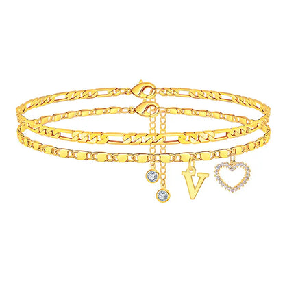 🎁Double-Layer 26-Letter Gold-Tone Chain Heart-Shaped Anklet with a heart-shaped pendant