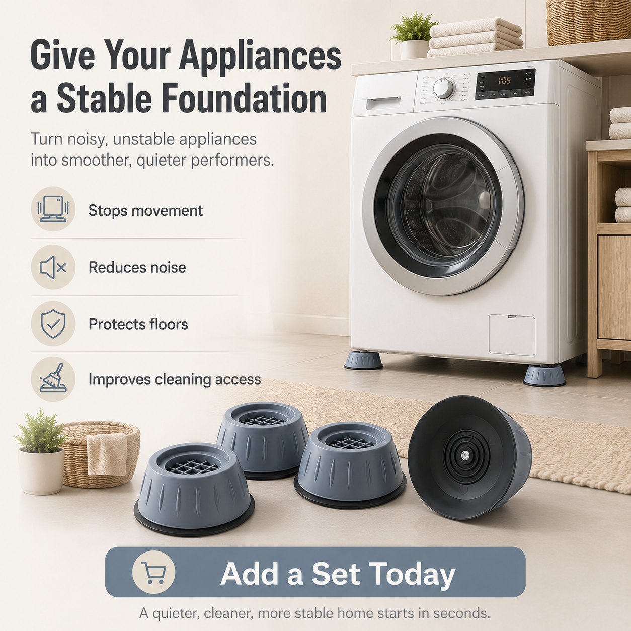 Noise Cancelling & Non-Slip Anti Vibration Rubber Foot Pads Washing Machine Stopper Set of 4