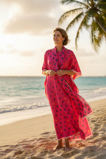 ✨ Women's Elegant Geometric Print Robe Set – Long Dress & Scarf Shawl, Satin Silk Beach Cover-Up 🌊
