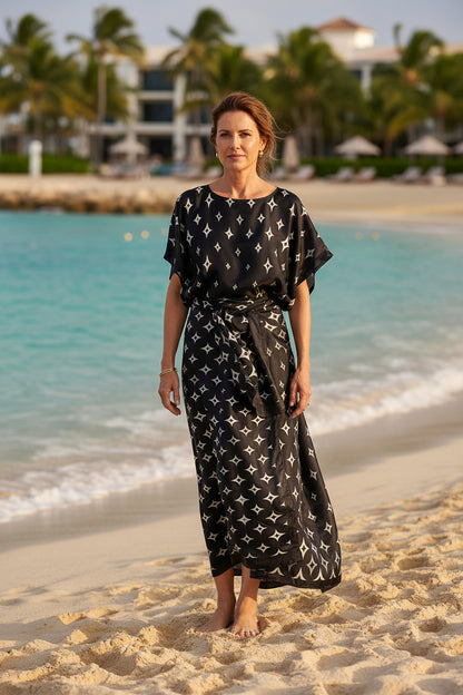 ✨ Women's Elegant Geometric Print Robe Set – Long Dress & Scarf Shawl, Satin Silk Beach Cover-Up 🌊
