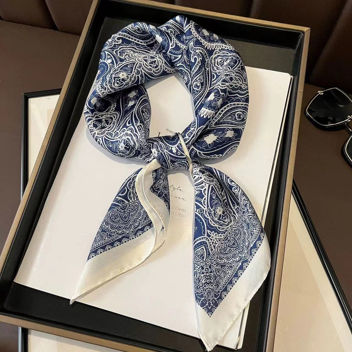 ✨ Satin Square Neck Scarf – Elegant Black & Champagne Fashion Accessory