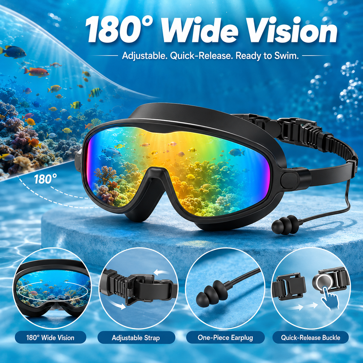 🏊Swim Goggles for Adults, Anti-Fog UV400 Protection No-Leak Wide Vision Swimming Goggles with Swim Cap, Adjustable Quick-Release Big Frame Eyewear for Men Women