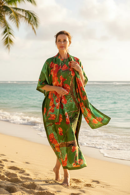 ✨ Women's Elegant Geometric Print Robe Set – Long Dress & Scarf Shawl, Satin Silk Beach Cover-Up 🌊