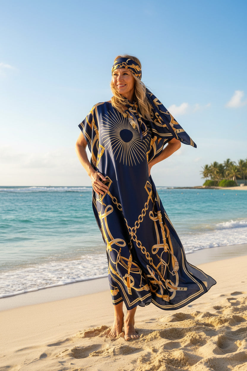 ✨ Women's Elegant Geometric Print Robe Set – Long Dress & Scarf Shawl, Satin Silk Beach Cover-Up 🌊