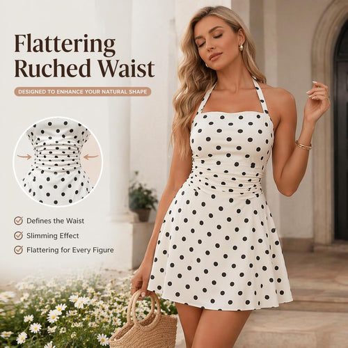 Women's Ruched Tie Back Halter Neck A-Line Mini Dress – Sleeveless Casual Summer Dress