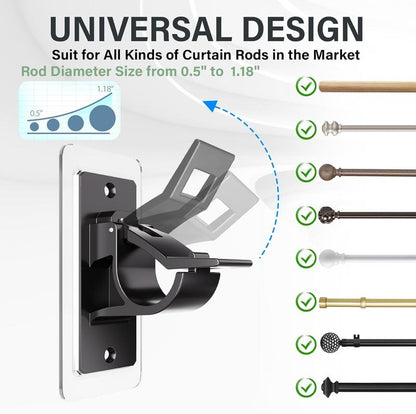 6 Pack Self Adhesive Rod Brackets, No Drill Needed Curtain Rod Holders