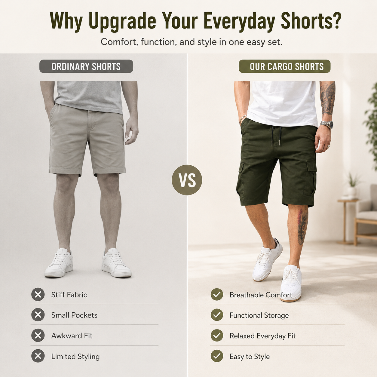 🔥🔥Customer Favorite Men's Shorts Set Khaki Black & Green Slanted Pockets