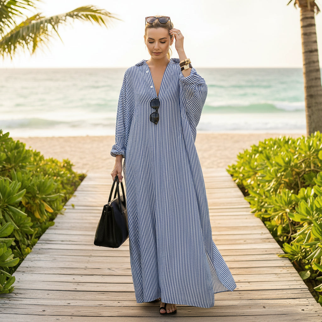 Women's Lightweight Maxi Dress with Pockets – Relaxed Fit Striped Caftan for Everyday Comfort