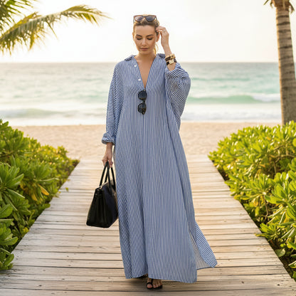 Women's Lightweight Maxi Dress with Pockets – Relaxed Fit Striped Caftan for Everyday Comfort
