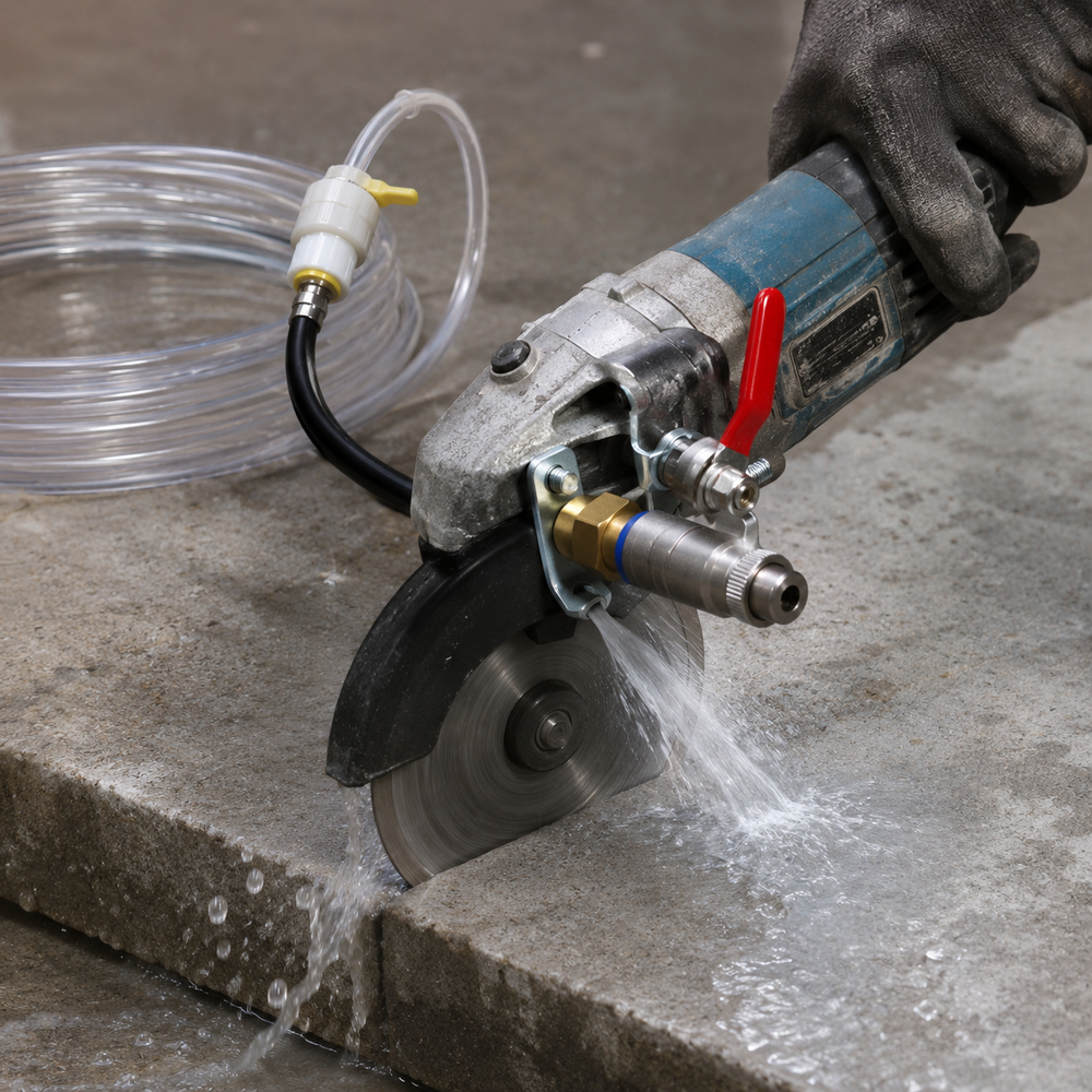 Focused water stream cooling an angle grinder blade during cutting