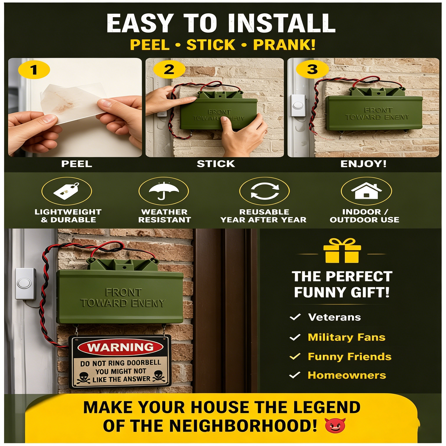 😈 Fake Mine Doorbell Prank Sign – Funny “Front Toward Enemy” No Soliciting Doorbell Cover for Home Entryway & Delivery Driver Reactions
