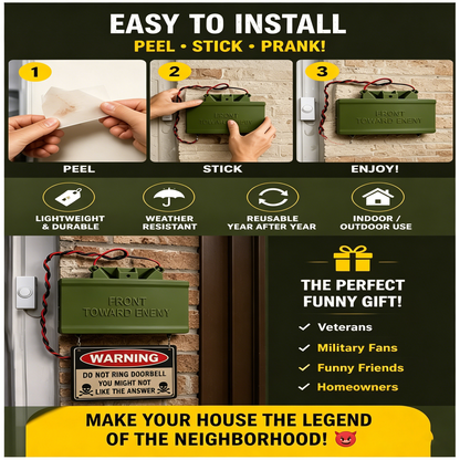 😈 Fake Mine Doorbell Prank Sign – Funny “Front Toward Enemy” No Soliciting Doorbell Cover for Home Entryway & Delivery Driver Reactions